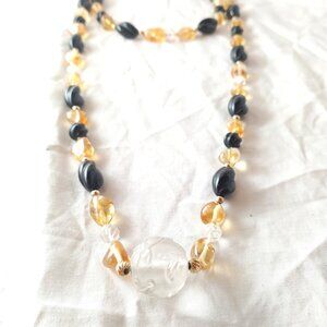Carved Onyx, Citrine Nuggets, 14K beads and carved Clear Quartz Focal